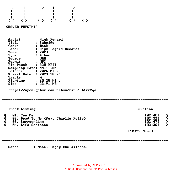 NFO for the release High_Regard-Subside-EP-WEB-2023-QUAVER by QUAVER