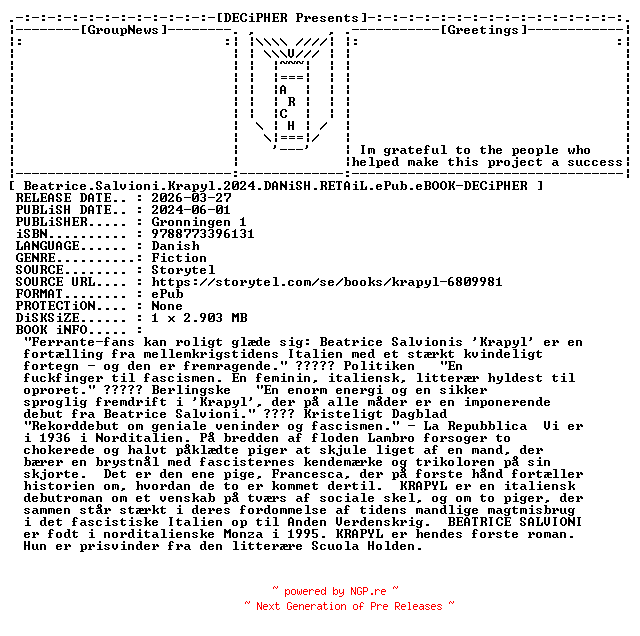 NFO for the release Beatrice.Salvioni.Krapyl.2024.DANiSH.RETAiL.ePub.eBOOK-DECiPHER by DECiPHER