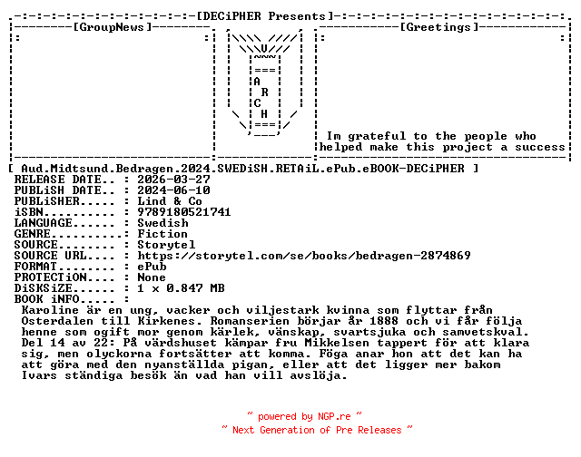 NFO for the release Aud.Midtsund.Bedragen.2024.SWEDiSH.RETAiL.ePub.eBOOK-DECiPHER by DECiPHER