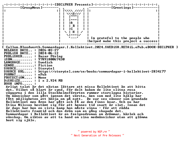 NFO for the release Callum.Bloodworth.Sommardagar.I.Kollektivet.2024.SWEDiSH.RETAiL.ePub.eBOOK-DECiPHER by DECiPHER