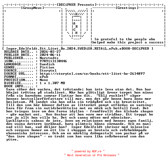 NFO for the release Inger.Edelfeldt.Ett.Litet.Bo.2024.SWEDiSH.RETAiL.ePub.eBOOK-DECiPHER by DECiPHER