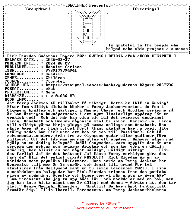 NFO for the release Rick.Riordan.Gudarnas.Bagare.2024.SWEDiSH.RETAiL.ePub.eBOOK-DECiPHER by DECiPHER
