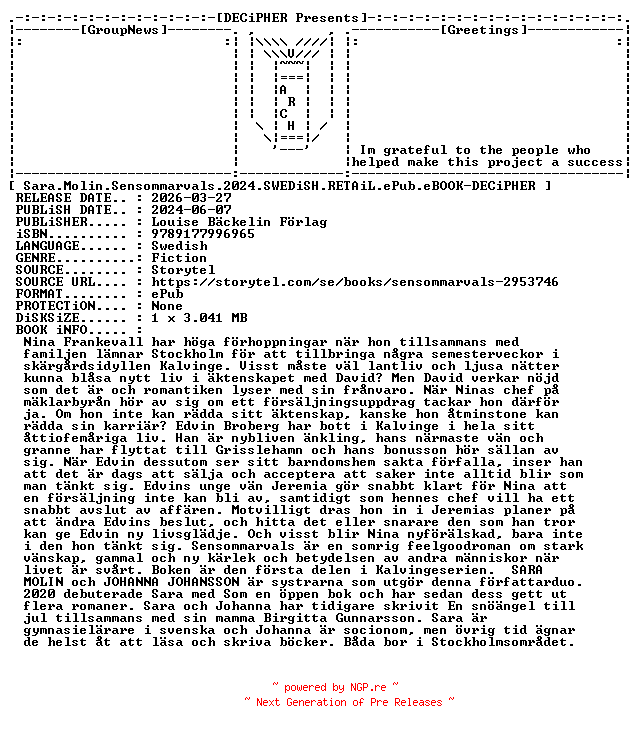NFO for the release Sara.Molin.Sensommarvals.2024.SWEDiSH.RETAiL.ePub.eBOOK-DECiPHER by DECiPHER