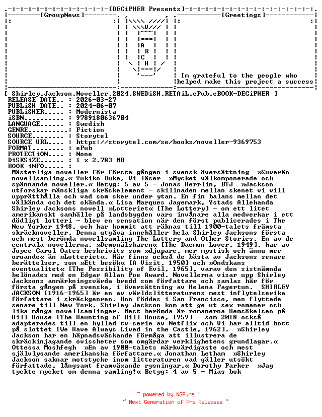 NFO for the release Shirley.Jackson.Noveller.2024.SWEDiSH.RETAiL.ePub.eBOOK-DECiPHER by DECiPHER