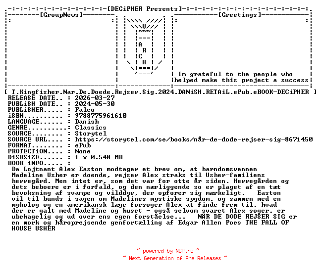NFO for the release T.Kingfisher.Nar.De.Doede.Rejser.Sig.2024.DANiSH.RETAiL.ePub.eBOOK-DECiPHER by DECiPHER