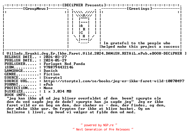 NFO for the release Villads.Eryaki.Jeg.Er.Ikke.Faret.Vild.2024.DANiSH.RETAiL.ePub.eBOOK-DECiPHER by DECiPHER