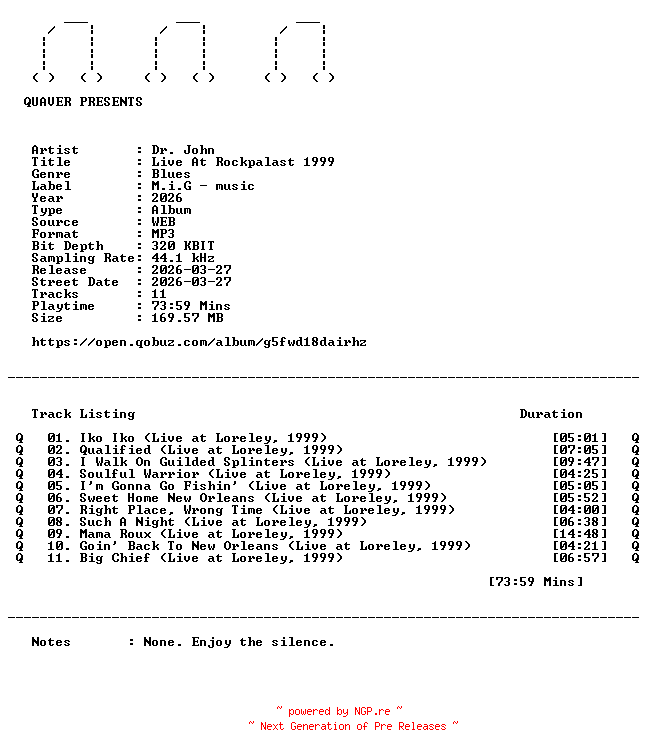NFO for the release Dr._John-Live_At_Rockpalast_1999-WEB-2026-QUAVER by QUAVER