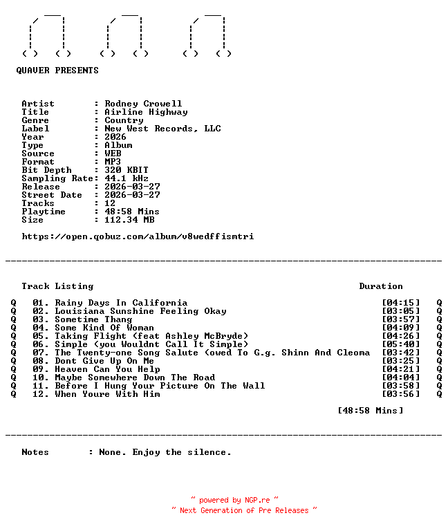 NFO for the release Rodney_Crowell-Airline_Highway-DELUXE_EDITION-WEB-2026-QUAVER by QUAVER