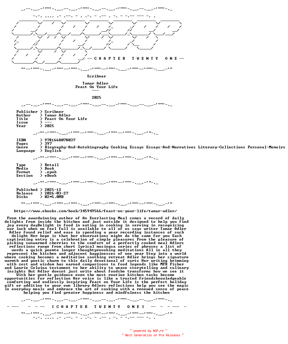 NFO for the release Tamar.Adler.-.Feast.On.Your.Life.2025.RETAIL.EPUB.eBook-CTO by CTO