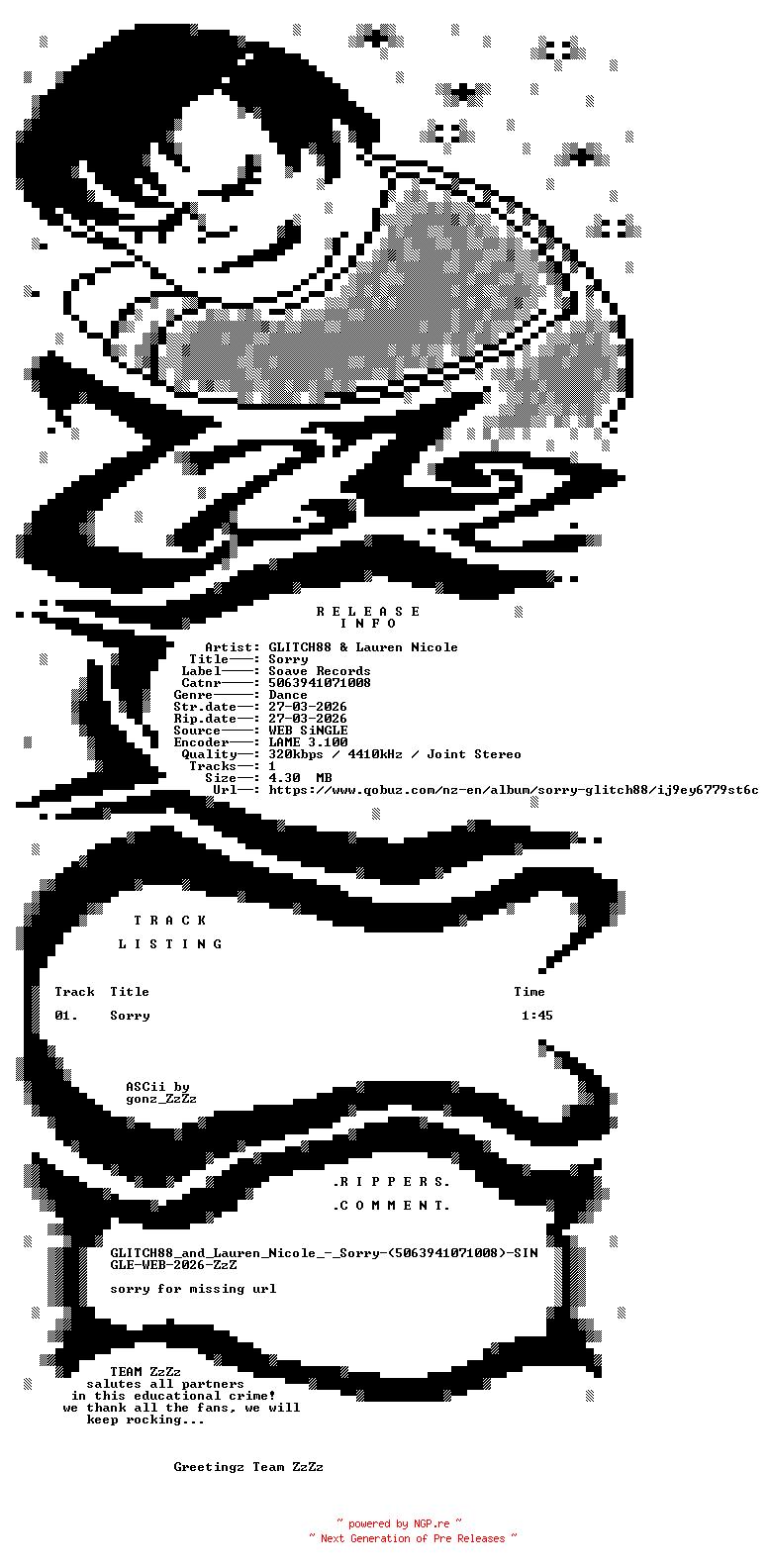 NFO for the release GLITCH88_and_Lauren_Nicole_-_Sorry-(5063941071008)-DIRFIX-SINGLE-WEB-2026-ZzZz by ZzZz