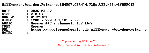 NFO for the release Willkommen.bei.den.Reimanns.S04E07.GERMAN.720p.WEB.H264-SYNERGiE by SYNERGiE