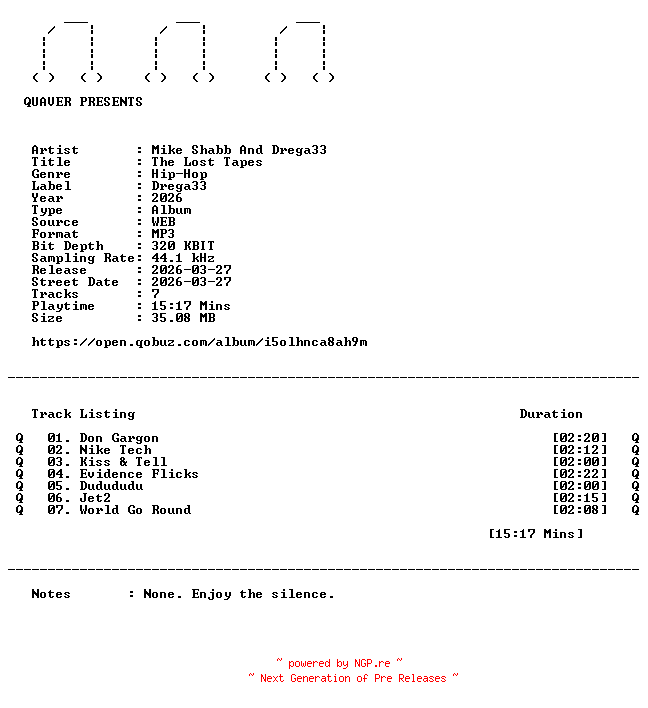 NFO for the release Mike_Shabb_And_Drega33-The_Lost_Tapes-EP-WEB-2026-QUAVER by QUAVER