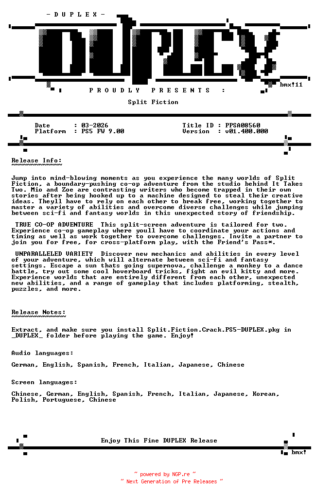 NFO for the release Split.Fiction.PS5-DUPLEX by DUPLEX