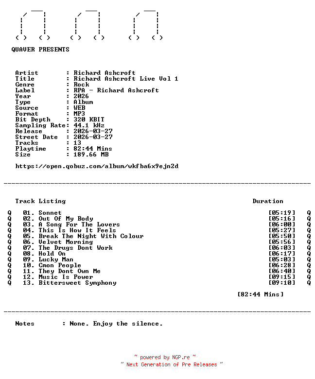 NFO for the release Richard_Ashcroft-Richard_Ashcroft_Live_Vol_1-WEB-2026-QUAVER by QUAVER
