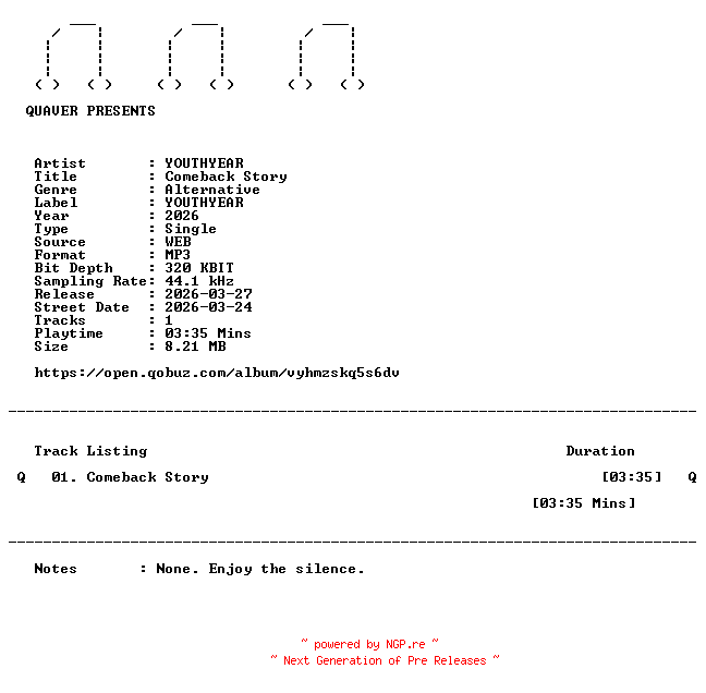 NFO for the release YOUTHYEAR-Comeback_Story-SINGLE-WEB-2026-QUAVER by QUAVER