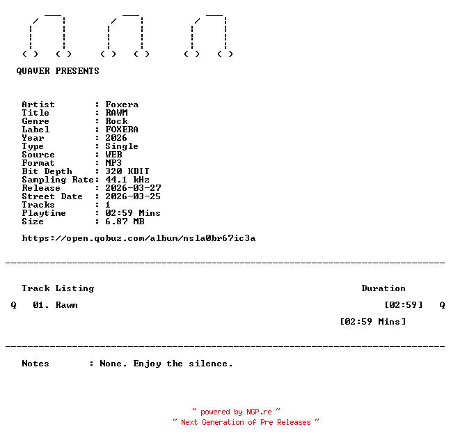 NFO for the release Foxera-RAWM-SINGLE-WEB-2026-QUAVER by QUAVER
