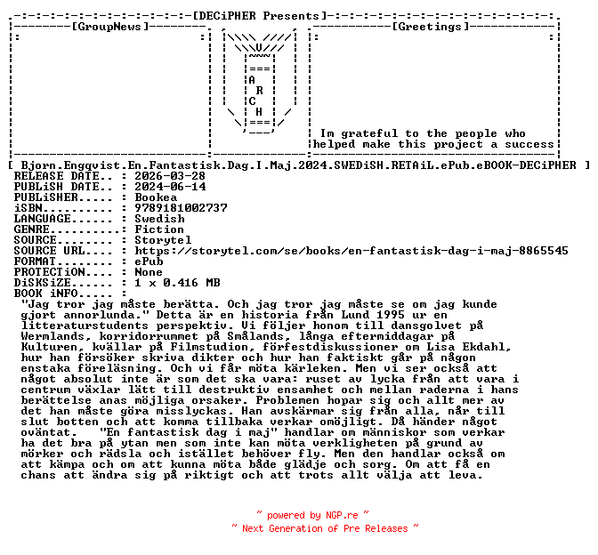 NFO for the release Bjorn.Engqvist.En.Fantastisk.Dag.I.Maj.2024.SWEDiSH.RETAiL.ePub.eBOOK-DECiPHER by DECiPHER