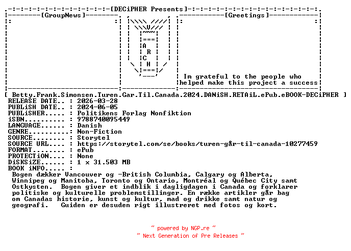 NFO for the release Betty.Frank.Simonsen.Turen.Gar.Til.Canada.2024.DANiSH.RETAiL.ePub.eBOOK-DECiPHER by DECiPHER