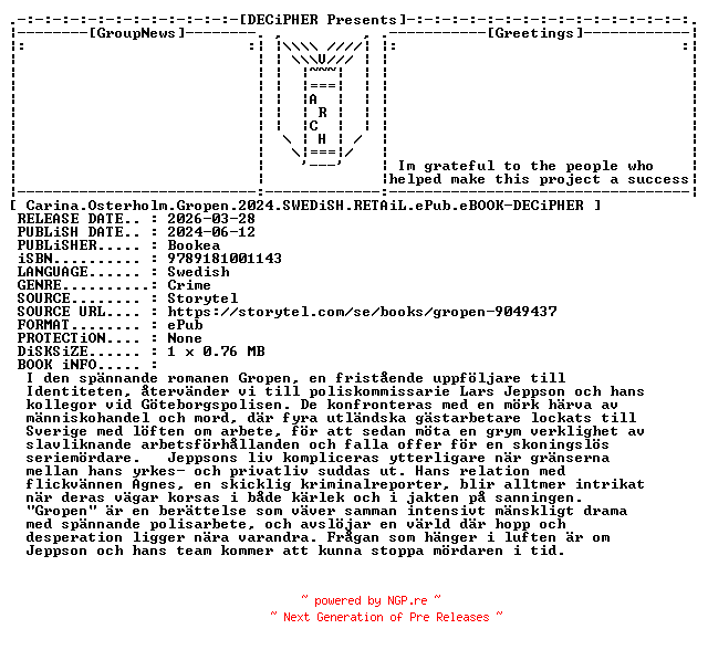 NFO for the release Carina.Osterholm.Gropen.2024.SWEDiSH.RETAiL.ePub.eBOOK-DECiPHER by DECiPHER