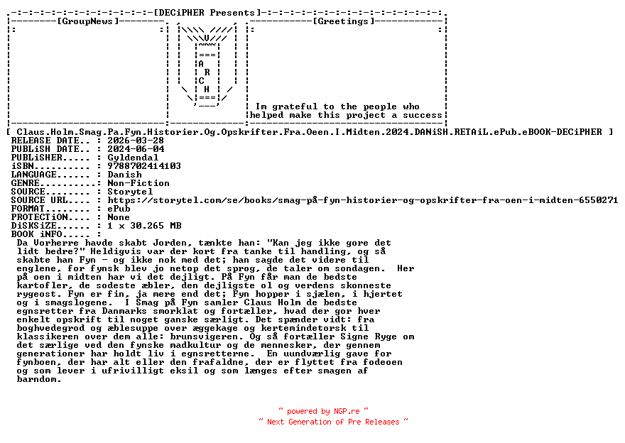 NFO for the release Claus.Holm.Smag.Pa.Fyn.Historier.Og.Opskrifter.Fra.Oeen.I.Midten.2024.DANiSH.RETAiL.ePub.eBOOK-DECiPHER by DECiPHER