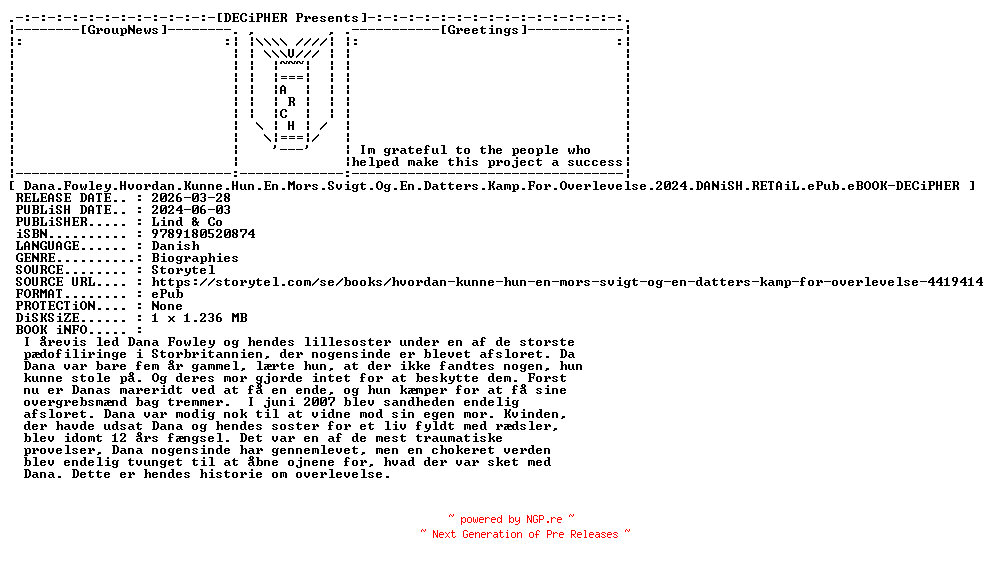 NFO for the release Dana.Fowley.Hvordan.Kunne.Hun.En.Mors.Svigt.Og.En.Datters.Kamp.For.Overlevelse.2024.DANiSH.RETAiL.ePub.eBOOK-DECiPHER by DECiPHER