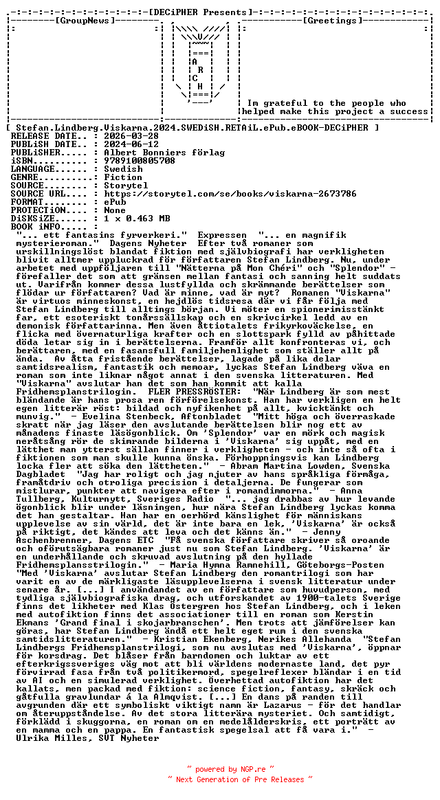 NFO for the release Stefan.Lindberg.Viskarna.2024.SWEDiSH.RETAiL.ePub.eBOOK-DECiPHER by DECiPHER