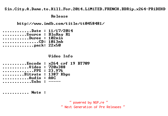 NFO for the release Sin.City.A.Dame.to.Kill.For.2014.FRENCH.BDRip.x264-PRiDEHD by PRiDEHD