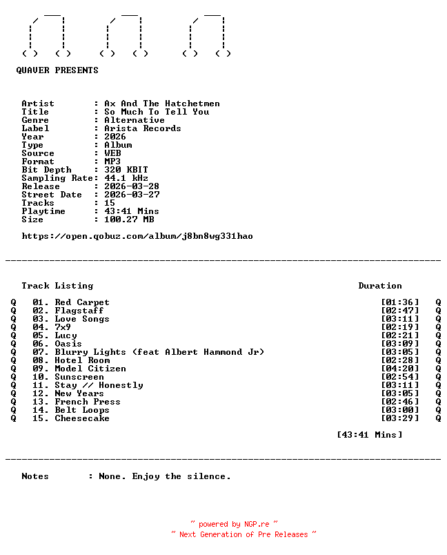 NFO for the release Ax_And_The_Hatchetmen-So_Much_To_Tell_You-DELUXE_EDITION-WEB-2026-QUAVER by QUAVER