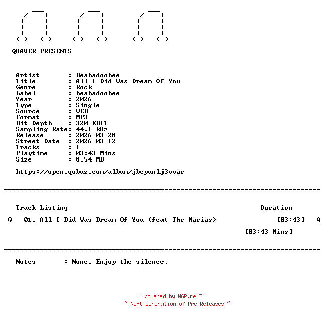 NFO for the release Beabadoobee-All_I_Did_Was_Dream_Of_You-SINGLE-WEB-2026-QUAVER by QUAVER