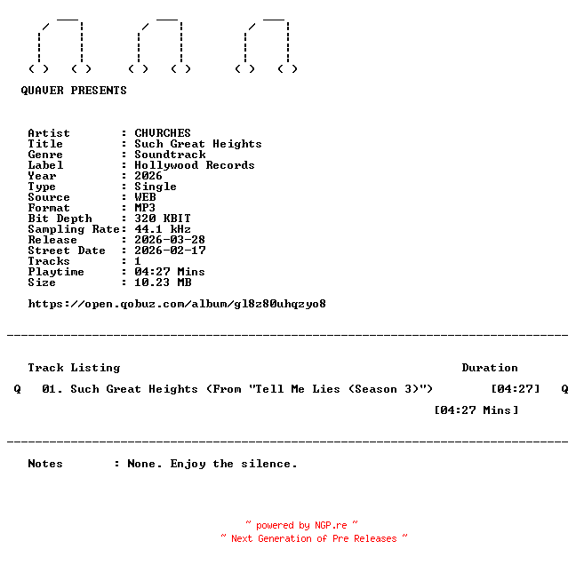 NFO for the release CHVRCHES-Such_Great_Heights-SINGLE-WEB-2026-QUAVER by QUAVER
