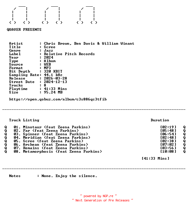 NFO for the release Chris_Brown_Ben_Davis_and_William_Winant-Scree-WEB-2024-QUAVER by QUAVER