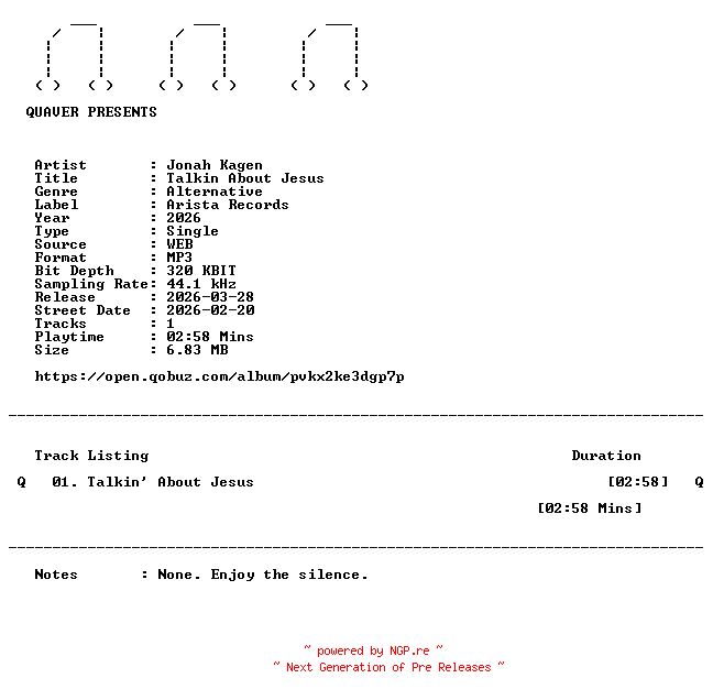 NFO for the release Jonah_Kagen-Talkin_About_Jesus-SINGLE-WEB-2026-QUAVER by QUAVER
