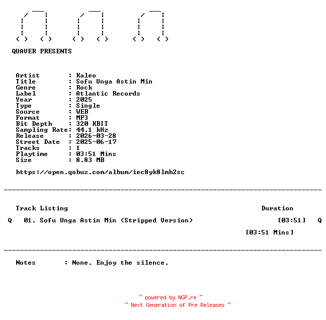 NFO for the release Kaleo-Sofu_Unga_Astin_Min-SINGLE-WEB-2025-QUAVER by QUAVER