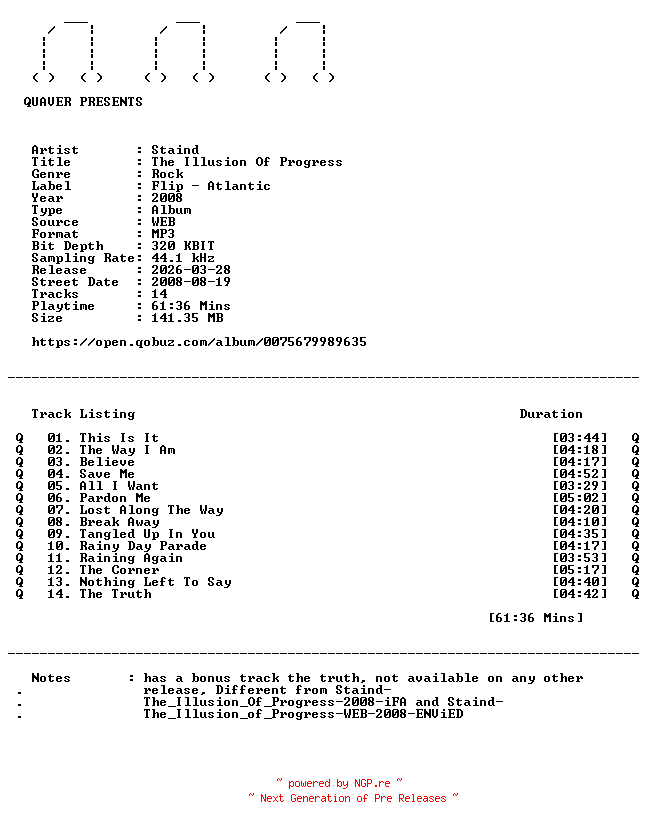 NFO for the release Staind-The_Illusion_Of_Progress-WEB-2008-QUAVER by QUAVER