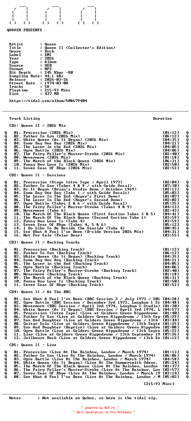 NFO for the release Queen-Queen_II-(Collectors_Edition)-REMASTERED-WEB-2026-QUAVER by QUAVER