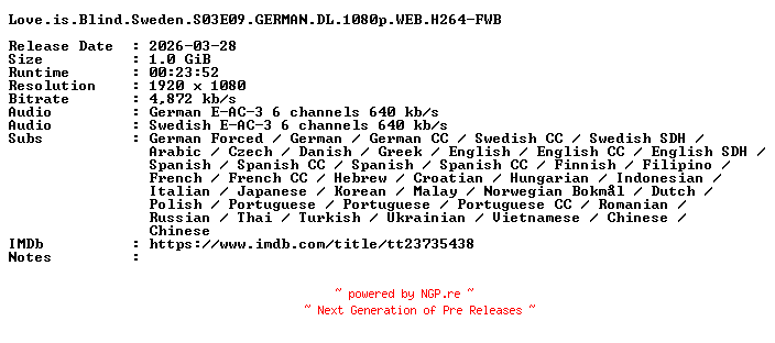 NFO for the release Love.is.Blind.Sweden.S03E09.GERMAN.DL.1080p.WEB.H264-FWB by FWB