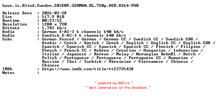 NFO for the release Love.is.Blind.Sweden.S03E09.GERMAN.DL.720p.WEB.H264-FWB by FWB