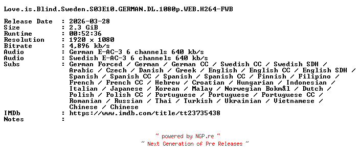 NFO for the release Love.is.Blind.Sweden.S03E10.GERMAN.DL.1080p.WEB.H264-FWB by FWB