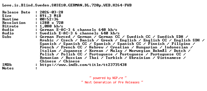 NFO for the release Love.is.Blind.Sweden.S03E10.GERMAN.DL.720p.WEB.H264-FWB by FWB