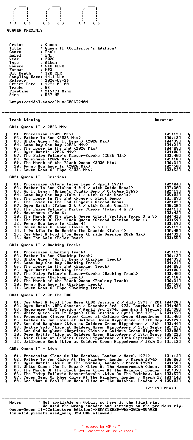 NFO for the release Queen-Queen_II_(Collectors_Edition)-REMASTERED-REPACK-WEB-2026-QUAVER by QUAVER