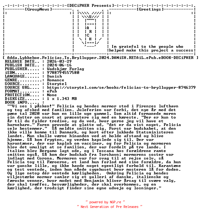 NFO for the release Adda.Lykkeboe.Felicias.To.Bryllupper.2024.DANiSH.RETAiL.ePub.eBOOK-DECiPHER by DECiPHER