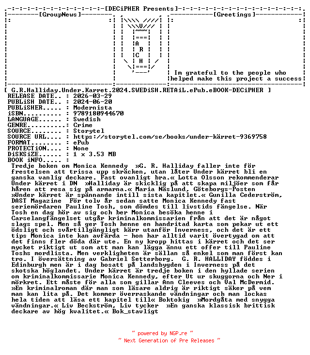 NFO for the release G.R.Halliday.Under.Karret.2024.SWEDiSH.RETAiL.ePub.eBOOK-DECiPHER by DECiPHER
