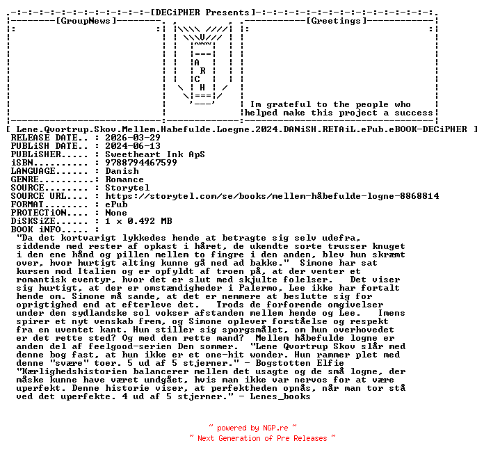 NFO for the release Lene.Qvortrup.Skov.Mellem.Habefulde.Loegne.2024.DANiSH.RETAiL.ePub.eBOOK-DECiPHER by DECiPHER
