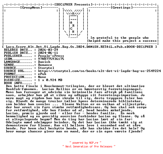 NFO for the release Lucy.Score.Alt.Det.Vi.Lagde.Bag.Os.2024.DANiSH.RETAiL.ePub.eBOOK-DECiPHER by DECiPHER