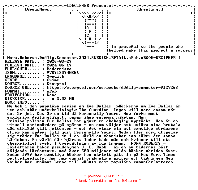 NFO for the release Nora.Roberts.Dodlig.Semester.2024.SWEDiSH.RETAiL.ePub.eBOOK-DECiPHER by DECiPHER