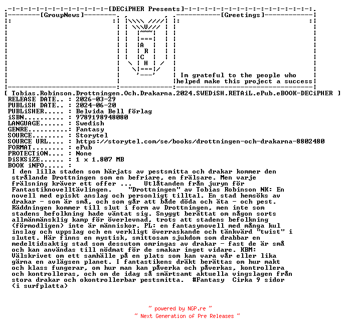 NFO for the release Tobias.Robinson.Drottningen.Och.Drakarna.2024.SWEDiSH.RETAiL.ePub.eBOOK-DECiPHER by DECiPHER