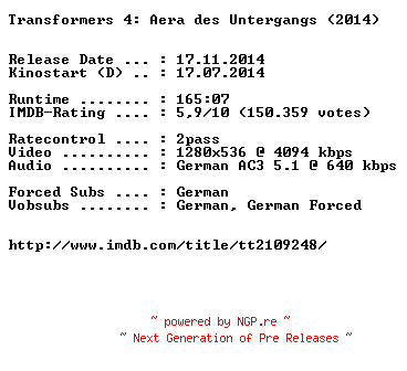 NFO for the release Transformers.4.Aera.des.Untergangs.German.720p.BluRay.x264-EXQUiSiTE by EXQUiSiTE
