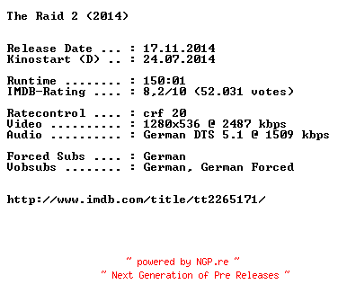 NFO for the release The.Raid.2.German.720p.BluRay.x264-EXQUiSiTE by EXQUiSiTE