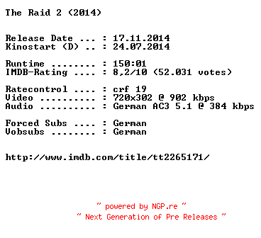 NFO for the release The.Raid.2.German.BDRiP.x264-EXQUiSiTE by EXQUiSiTE