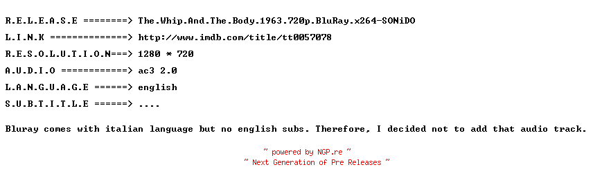 NFO for the release The.Whip.And.The.Body.1963.720p.BluRay.x264-SONiDO by SONiDO